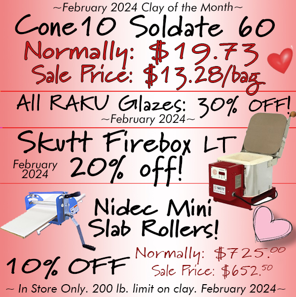 Cone 10 Soldate on sale! All raku glazes 30 percent off! Discounts on Skutt FireboxLT and Nidec Mini Slab Rollers!